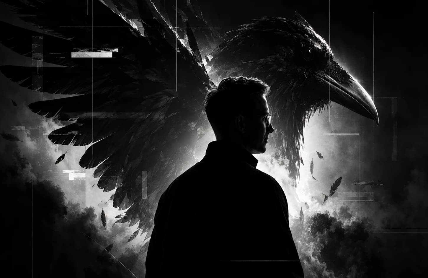 A figure in silhouette, seen in profile, before the outspread wings of a raven in fog
